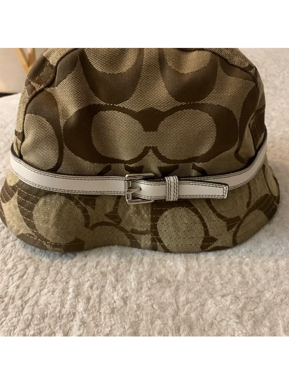 Coach Tan Brown Logo Bucket Hat with White Trim Belt- Women Accessories
